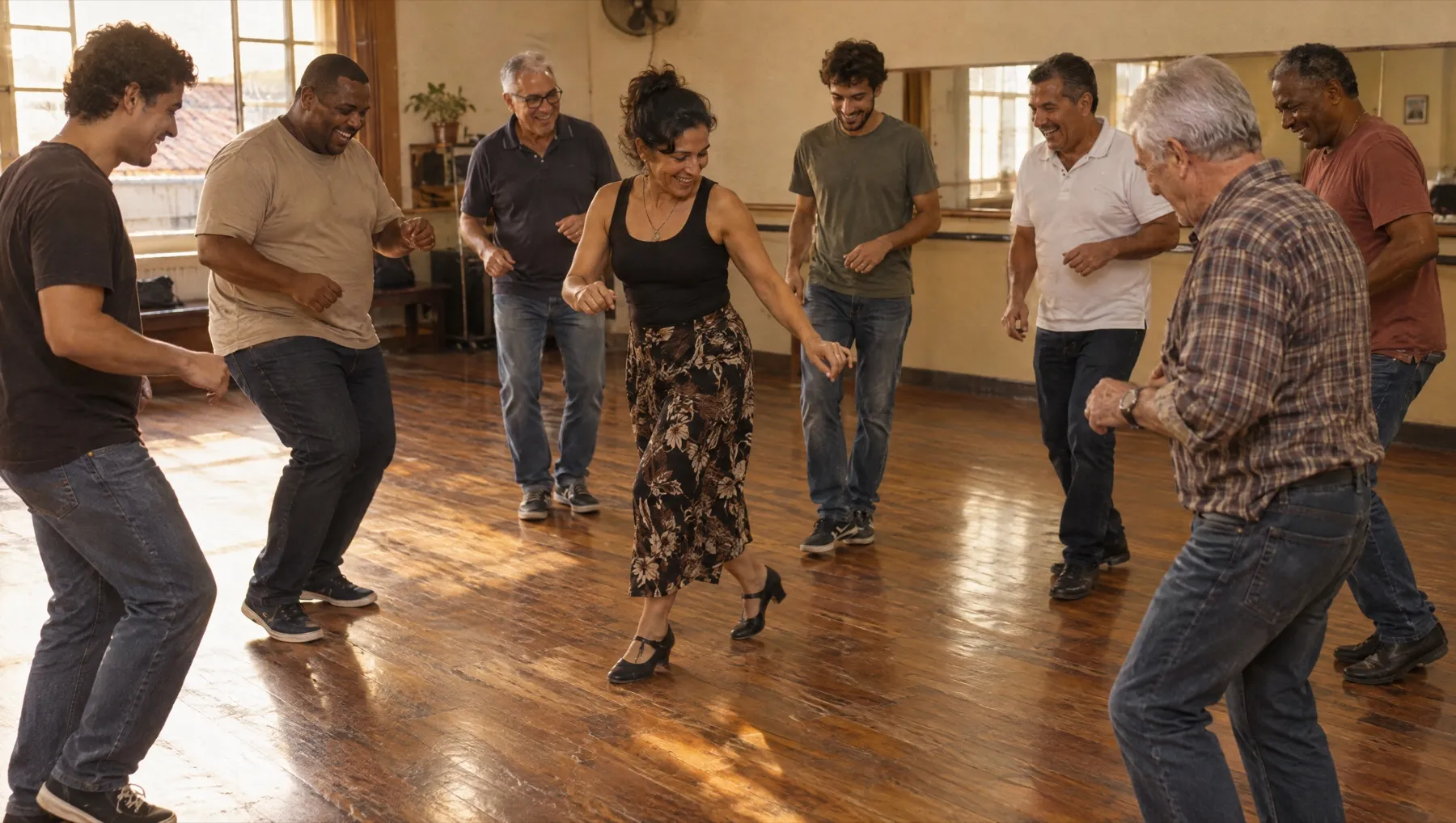 Aula para iniciantes com homens de várias idades e corpos rindo enquanto aprendem um passo, com a professora no centro